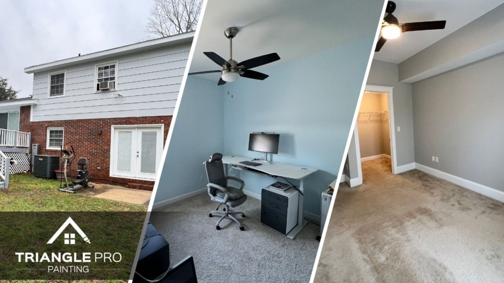 This is a three split image showing exterior, home office, and bedroom painting in Umstead Raleigh by Triangle Pro Painting.