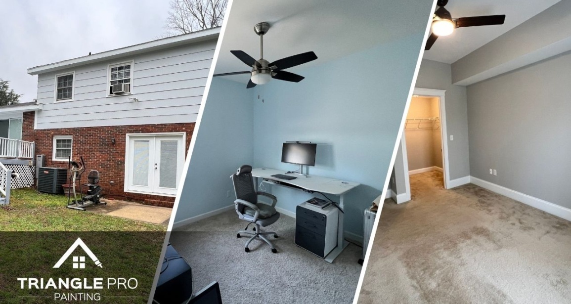 This is a three split image showing exterior, home office, and bedroom painting in Umstead Raleigh by Triangle Pro Painting.