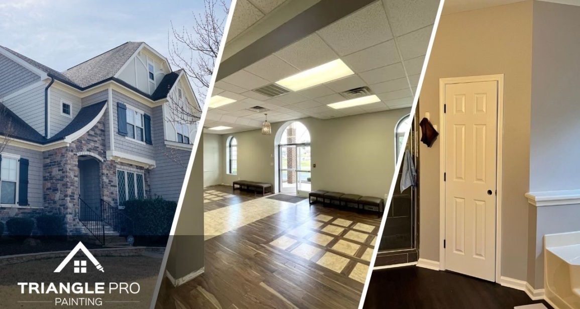 This is a three-split image combining exterior, commercial interior, and bathroom painting by Triangle Pro Painting.