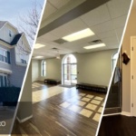 This is a three-split image combining exterior, commercial interior, and bathroom painting by Triangle Pro Painting.
