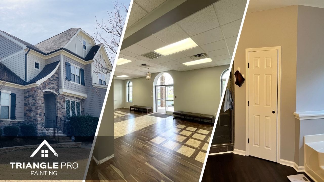 This is a three-split image combining exterior, commercial interior, and bathroom painting by Triangle Pro Painting.