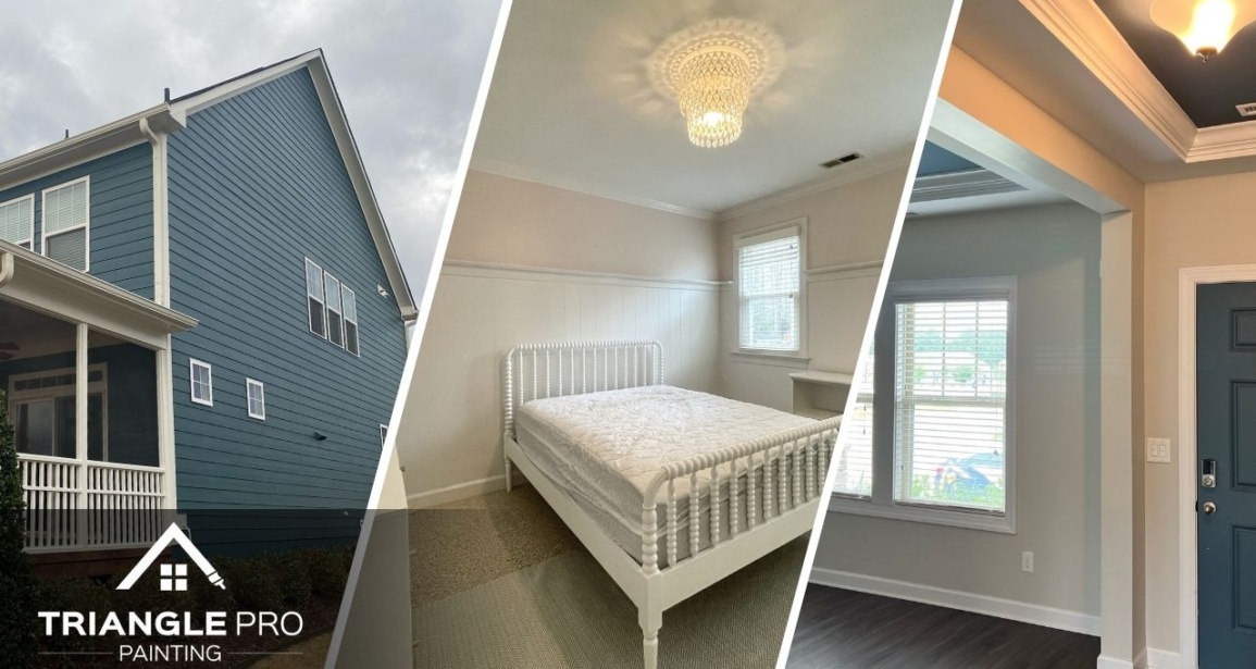 This is a three-split image featuring a combination of exterior siding painting, a two-tone bedroom refresh, and ceiling accent painting—all completed by Triangle Pro Painting in Umstead Raleigh NC.