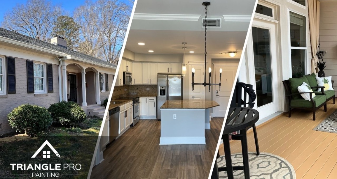 This is a three split image showing exterior brick home, kitchen interior, and patio painting by Triangle Pro Painting in Wayland Heights Raleigh.