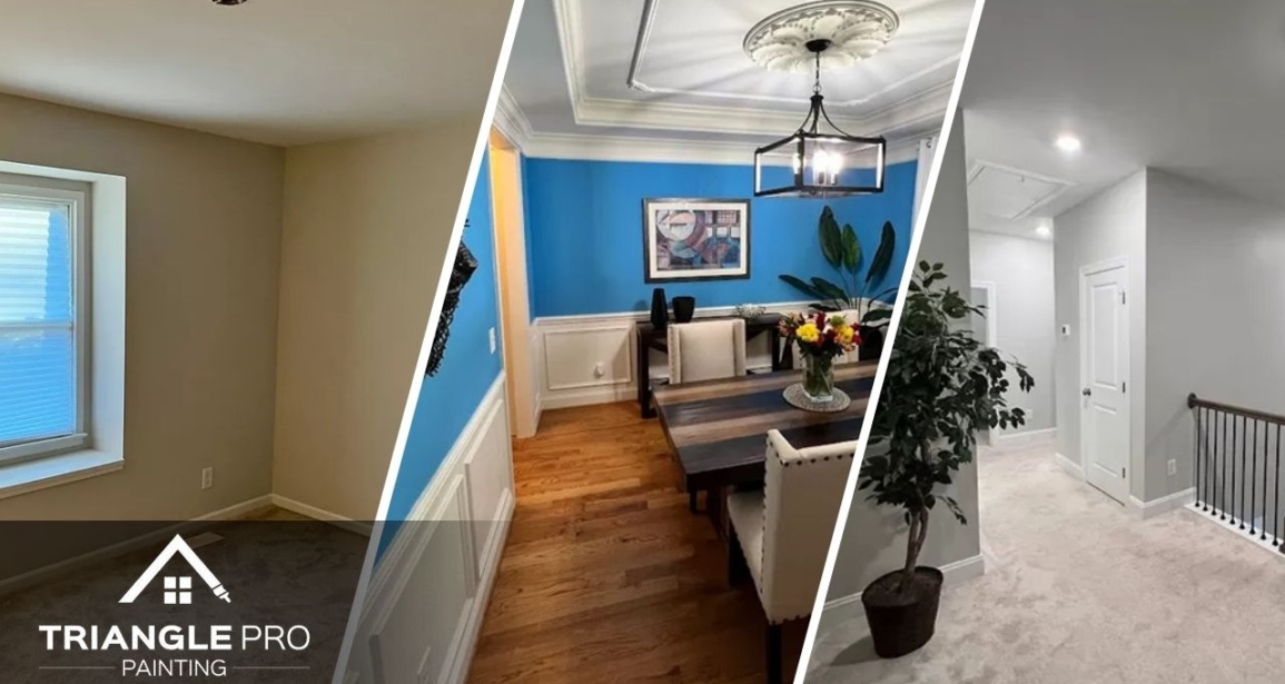 This is a three-split image showing interior room, dining area, and hallway painting by Triangle Pro Painting in Umstead Raleigh, NC.