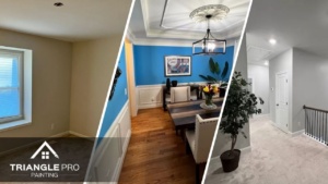 This is a three-split image showing interior room, dining area, and hallway painting by Triangle Pro Painting in Umstead Raleigh, NC.