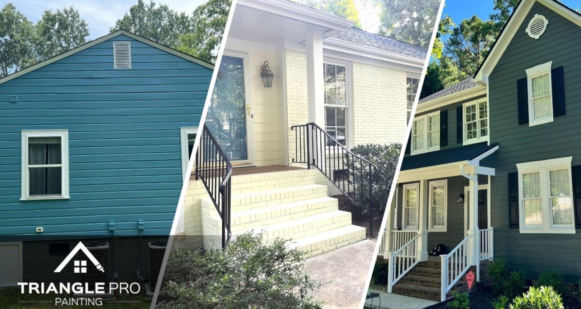 This is a three split image of various residential exterior painting projects in Wayland Height Raleigh by Triangle Pro Painting.