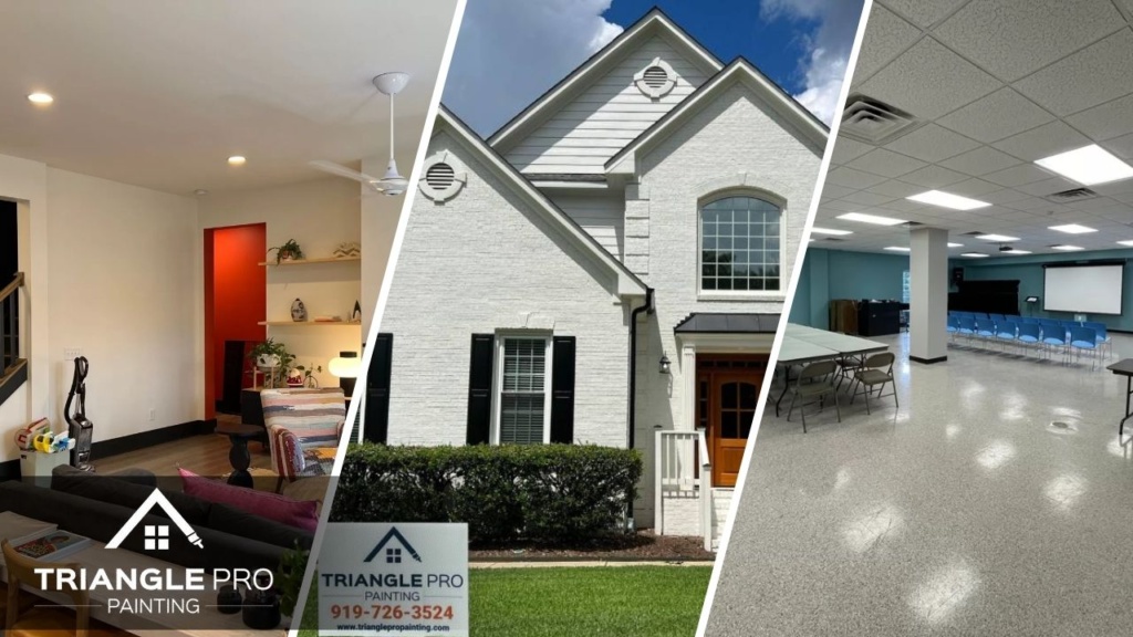 This is a three-split image combining interior, exterior, and commercial painting services by Triangle Pro Painting – showcasing diverse project capabilities in Raleigh.