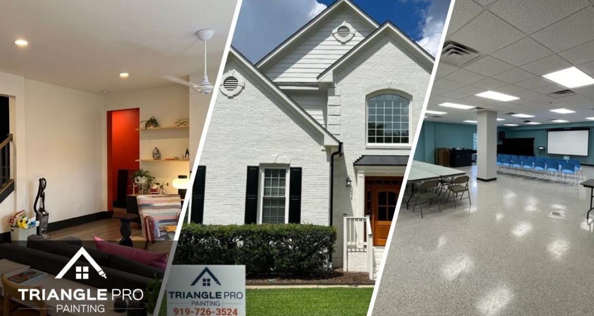 This is a three-split image combining interior, exterior, and commercial painting services by Triangle Pro Painting – showcasing diverse project capabilities in Raleigh.