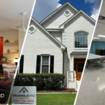 This is a three-split image combining interior, exterior, and commercial painting services by Triangle Pro Painting – showcasing diverse project capabilities in Raleigh.