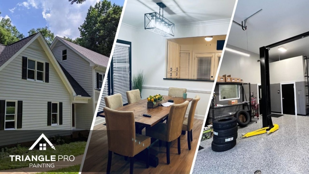 This is a three-split image combining exterior, interior, and commercial painting by Triangle Pro Painting – showcasing professional work on a home’s facade, a dining room, and an auto shop floor.