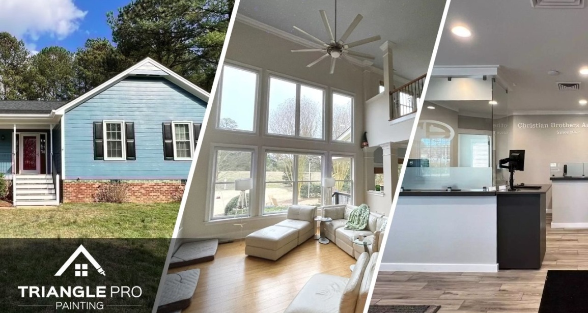 This is a three split image combining of exterior, interior, and commercial painting by Triangle Pro Painting in Wayland Heights Raleigh, NC.