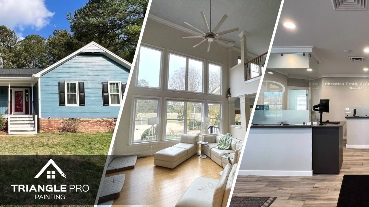 This is a three split image combining of exterior, interior, and commercial painting by Triangle Pro Painting in Wayland Heights Raleigh, NC.