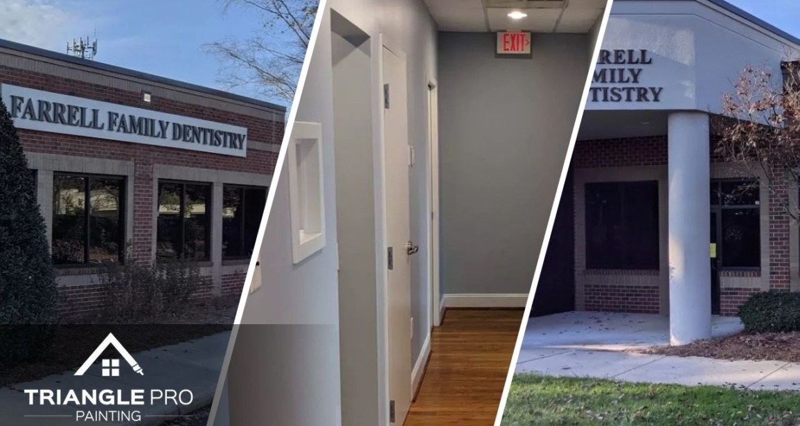 This is a three split image combining of exterior commercial painting and interior hallway work by Triangle Pro Painting in Boylan Heights Raleigh NC.