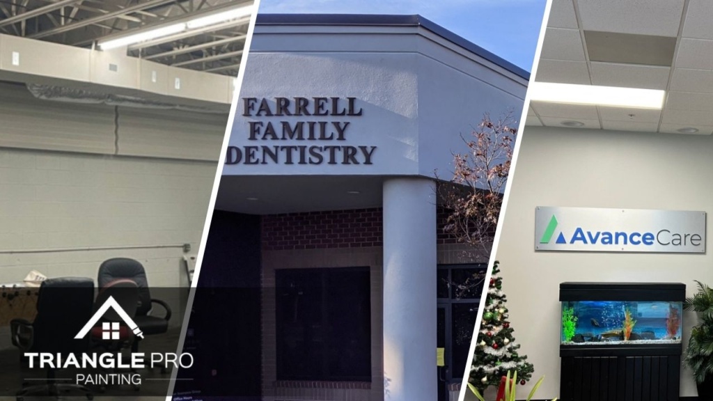 This is a split image of commercial painting services in Raleigh, NC.