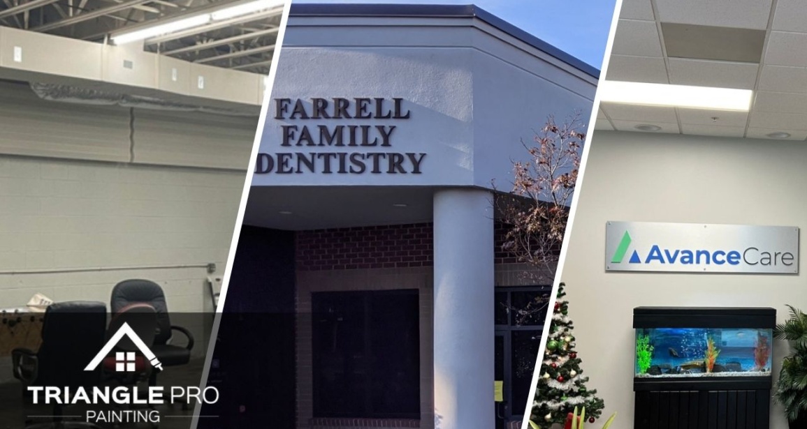 This is a split image of commercial painting services in Raleigh, NC.