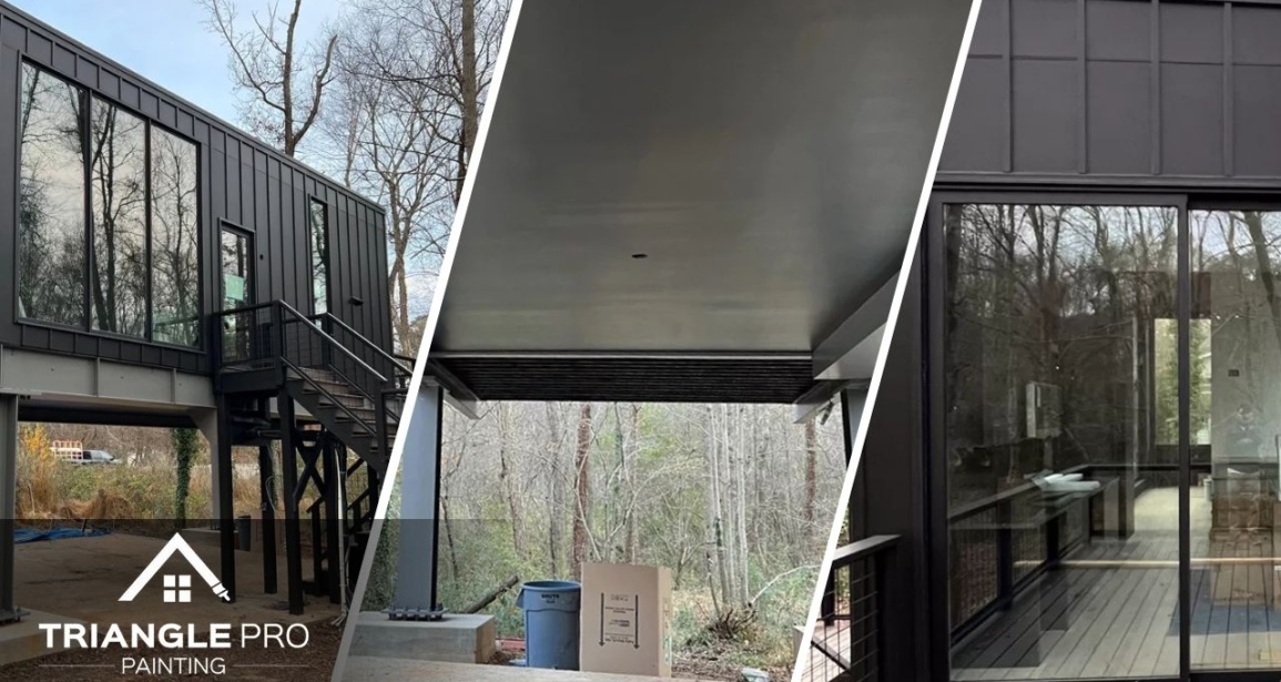 This is a three-split image combining exterior and underside painting views of a modern home in Madonna Acres by Triangle Pro Painting.