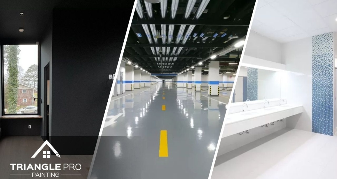 This is a three-split image featuring interior, parking garage, and restroom commercial painting by Triangle Pro Painting in Boylan Heights Raleigh, NC.