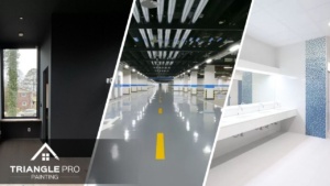 This is a three-split image featuring interior, parking garage, and restroom commercial painting by Triangle Pro Painting in Boylan Heights Raleigh, NC.