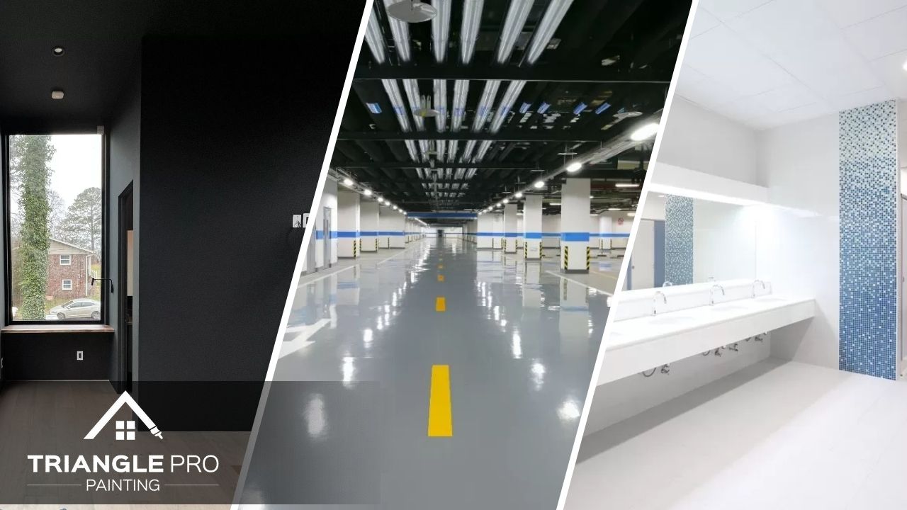 This is a three-split image featuring interior, parking garage, and restroom commercial painting by Triangle Pro Painting in Boylan Heights Raleigh, NC.