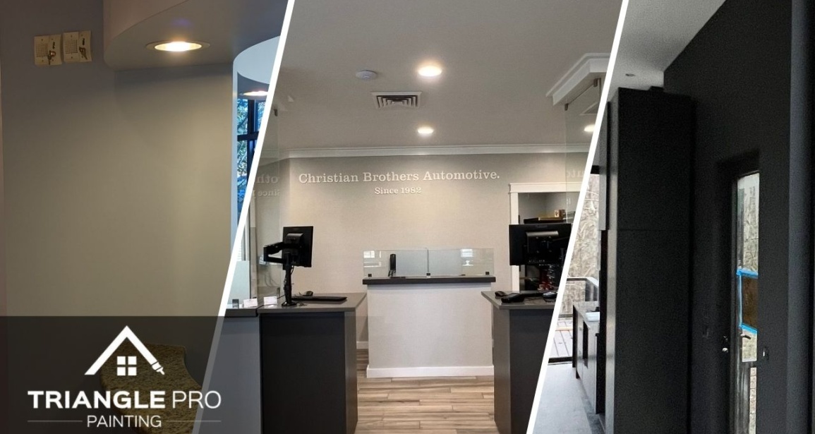 This is a split image of a dental clinic, an office, and black painted wall.