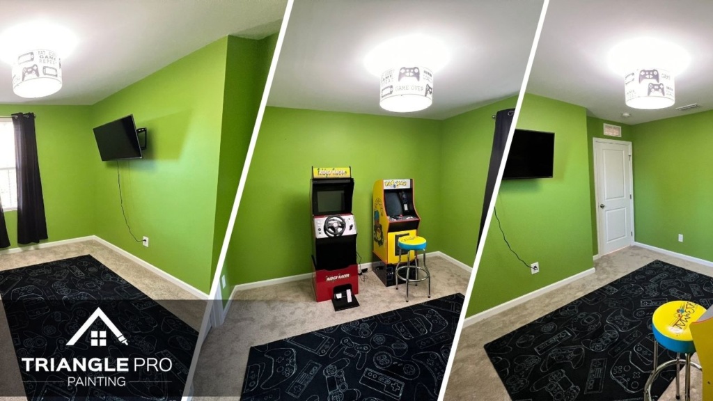 This is a three-split image showing different angles of a freshly painted game room in Madonna Acres by Triangle Pro Painting.