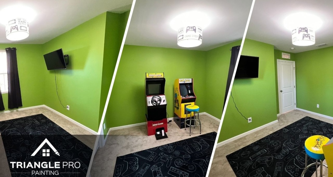 This is a three-split image showing different angles of a freshly painted game room in Madonna Acres by Triangle Pro Painting.
