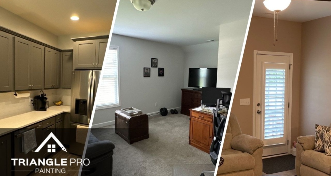 This is a split image of a newly painted room, kitchen cabinet, and office space in Raleigh, NC.