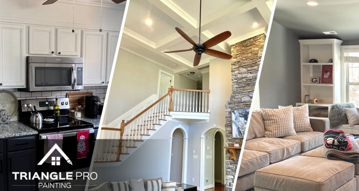 This is a split image of interior painting services done by Triangle Pro Painting.