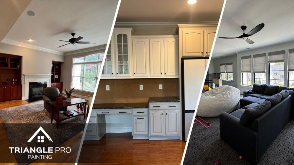 A three-part image showcasing family room, kitchen cabinetry, and a multi-purpose bonus room painted by Triangle Pro Painting in Boylan Heights Raleigh, NC.
