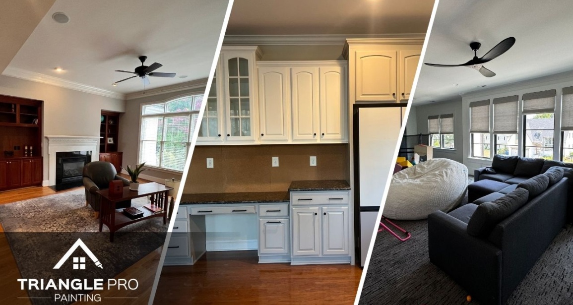 A three-part image showcasing family room, kitchen cabinetry, and a multi-purpose bonus room painted by Triangle Pro Painting in Boylan Heights Raleigh, NC.