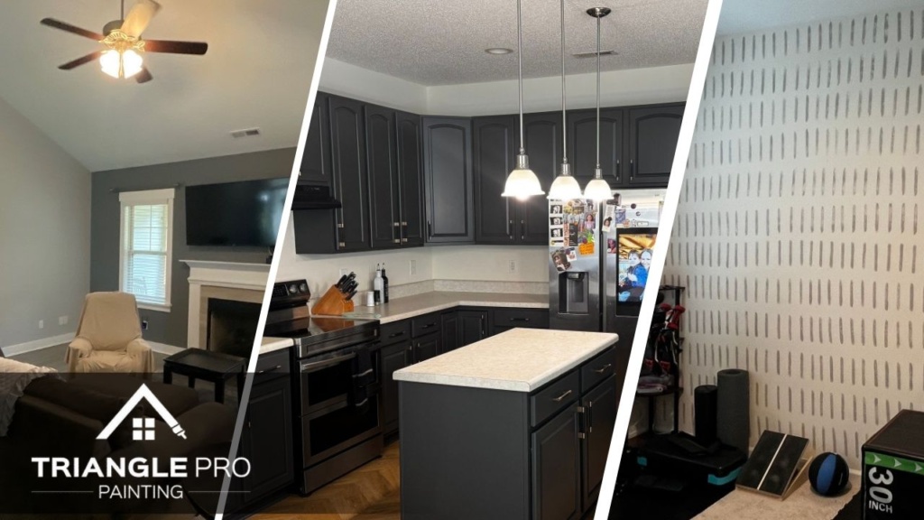 This is an split image of interior painting services in Raleigh, NC.