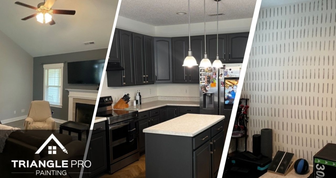 This is an split image of interior painting services in Raleigh, NC.
