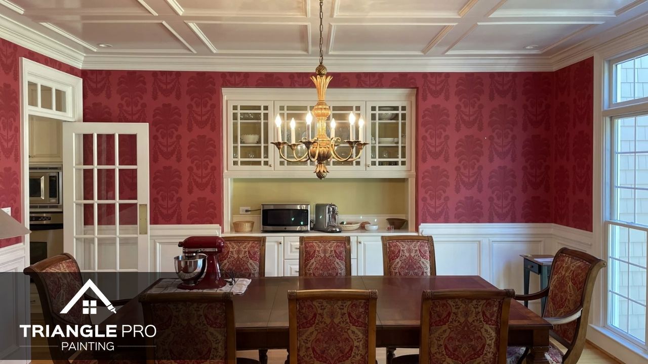 This is a dining room wallpaper and trim painting project by Triangle Pro Painting in Umstead Raleigh, NC.