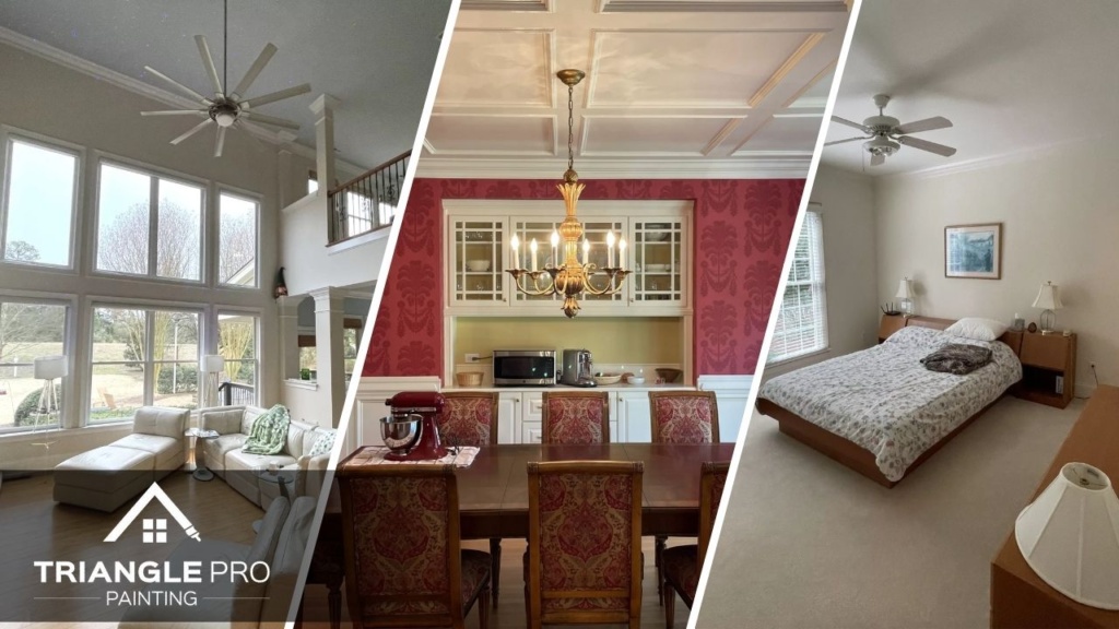This is a three-split image showing living room, dining, and bedroom painting by Triangle Pro Painting in Umstead Raleigh, NC.
