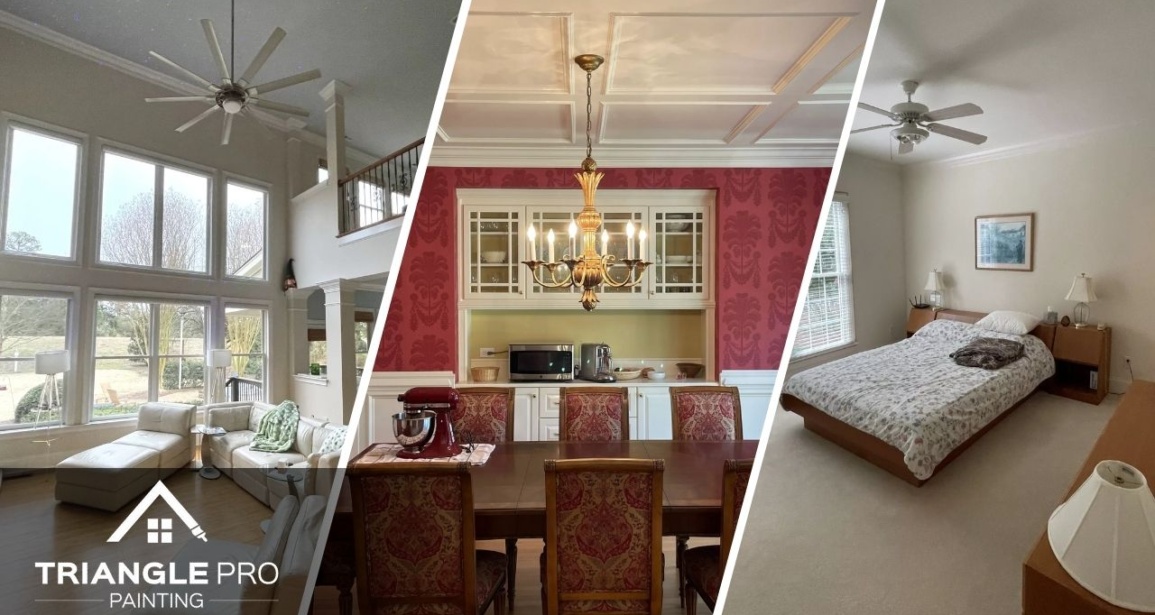 This is a three-split image showing living room, dining, and bedroom painting by Triangle Pro Painting in Umstead Raleigh, NC.