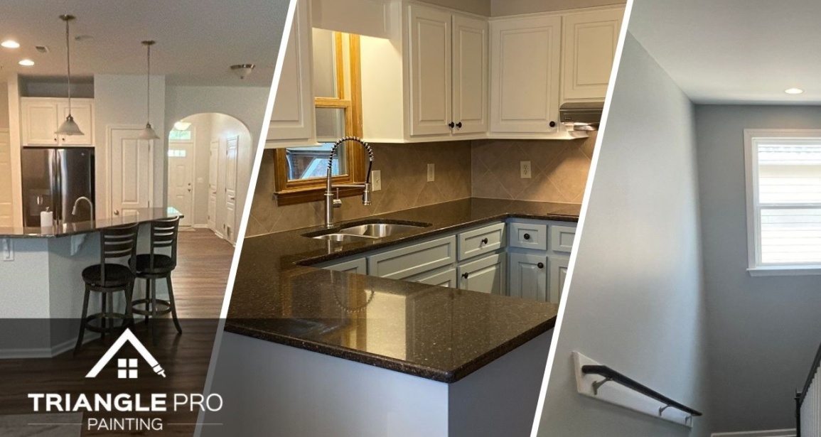 This is a split image of interior painting in Raleigh, NC.