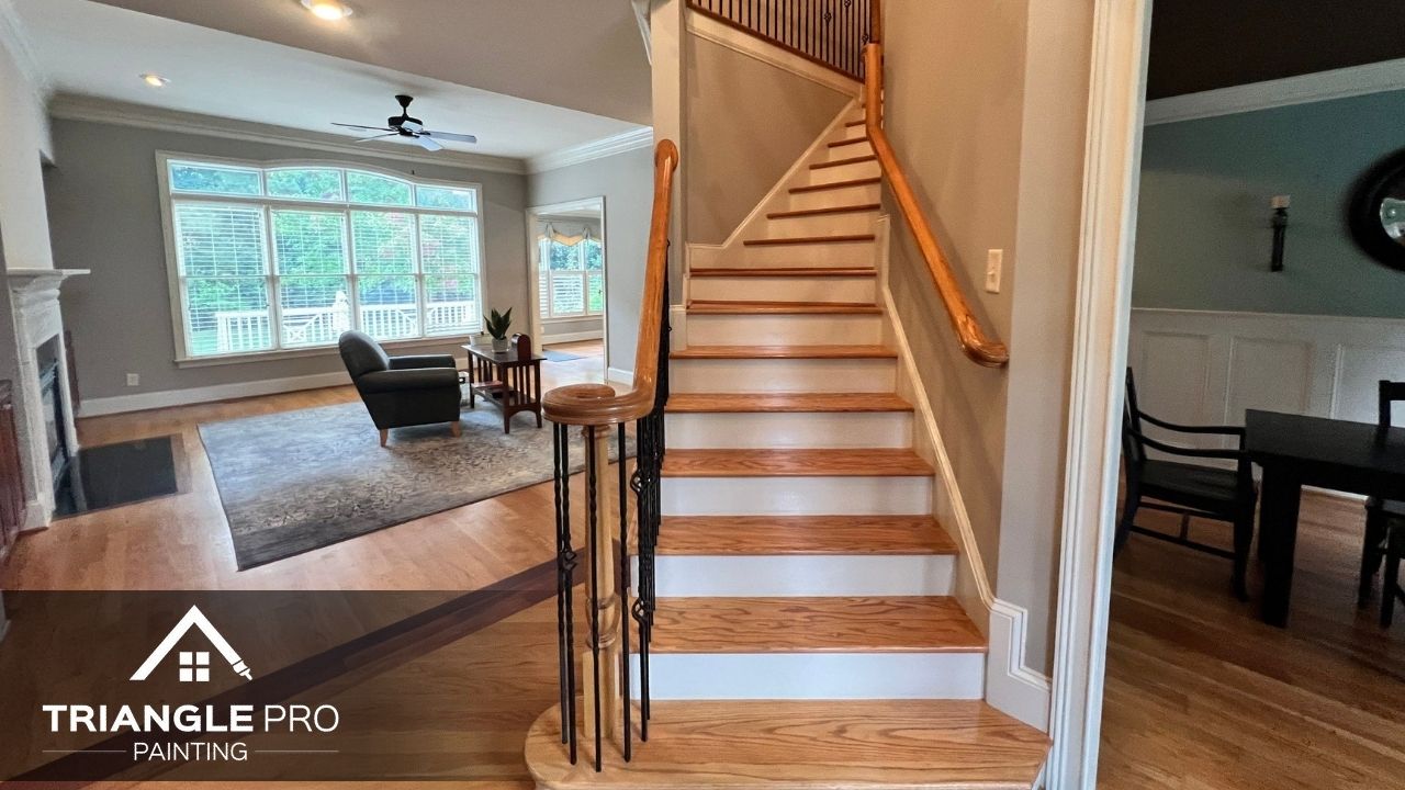 Crisp paint and natural wood give this stairwell a fresh look.
