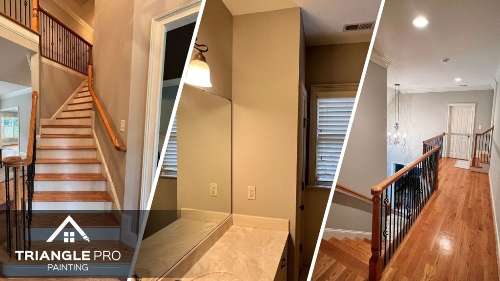 This is a three-split image combining interior painting projects by Triangle Pro Painting in Boylan Heights Raleigh, NC, showcasing freshly painted stairs, bathroom, and upstairs hallway.