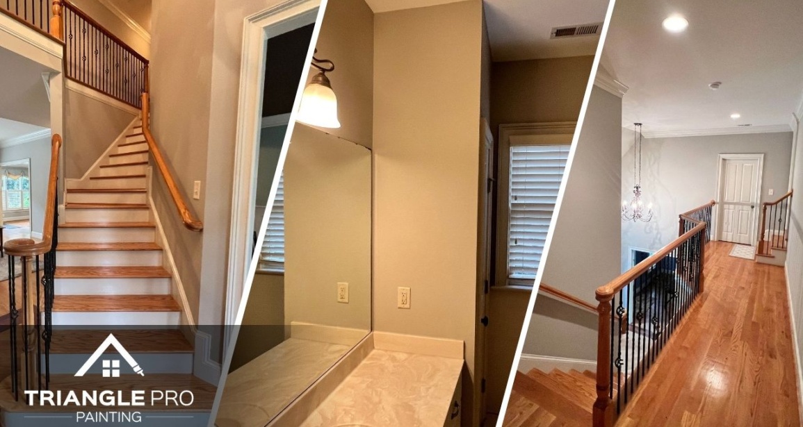 This is a three-split image combining interior painting projects by Triangle Pro Painting in Boylan Heights Raleigh, NC, showcasing freshly painted stairs, bathroom, and upstairs hallway.