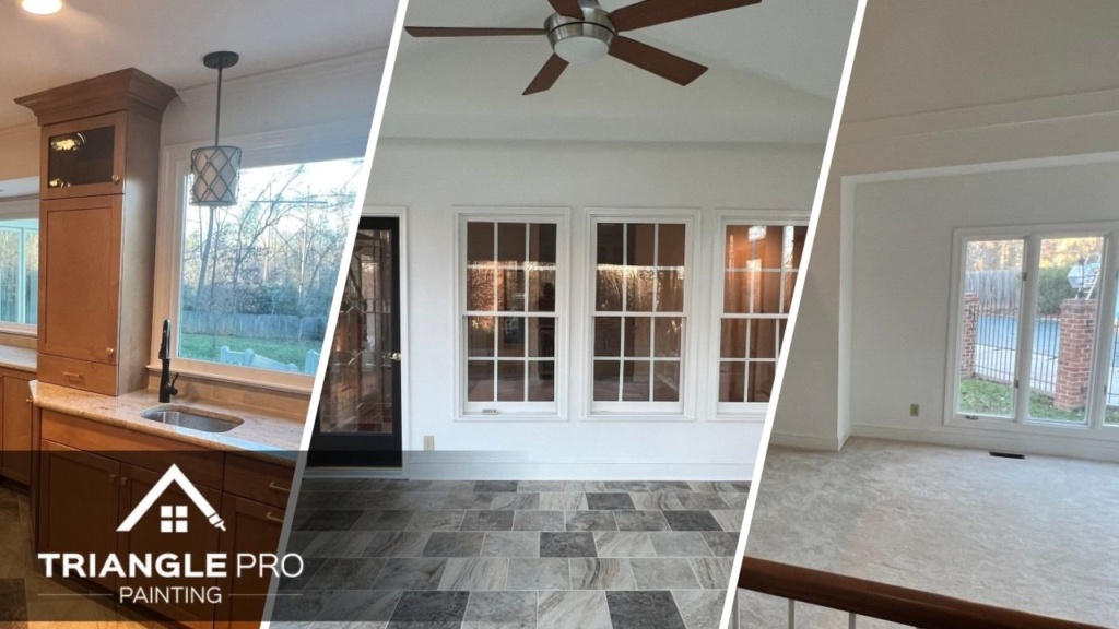 This is an image of a newly painted staircase, door, and cabinets in Raleigh.