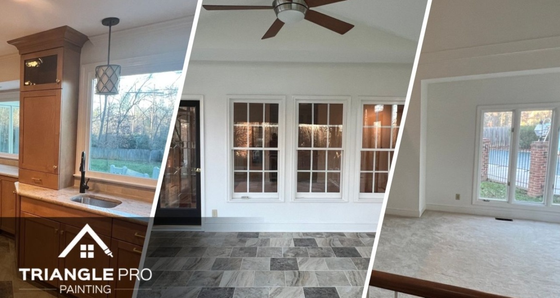 This is an image of a newly painted staircase, door, and cabinets in Raleigh.