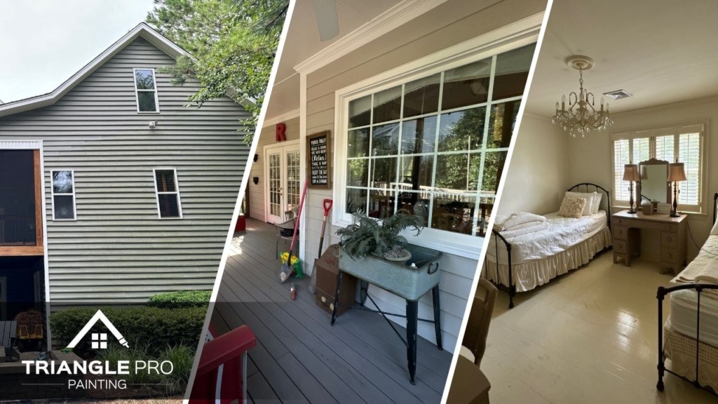 This is a three-split image showing exterior siding, porch painting, and bedroom interior by Triangle Pro Painting in Madonna Acres Raleigh NC.