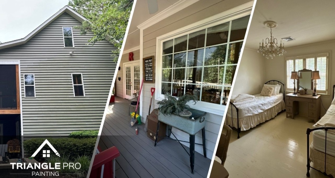 This is a three-split image showing exterior siding, porch painting, and bedroom interior by Triangle Pro Painting in Madonna Acres Raleigh NC.
