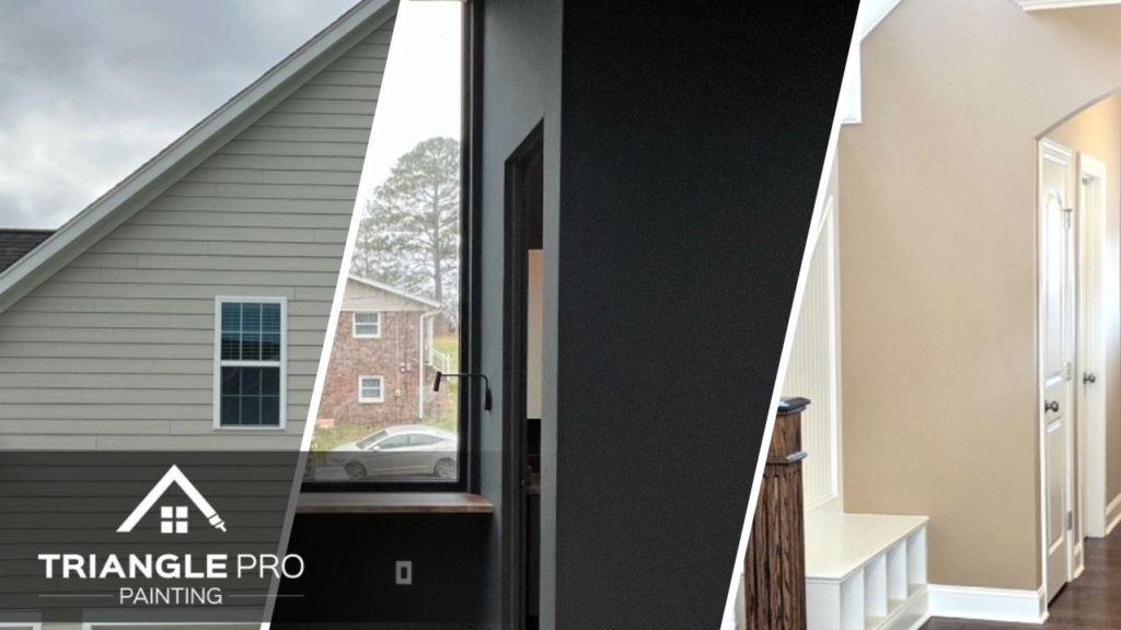 This is a split image of an exterior, interior, and commercial painting in Raleigh, NC.