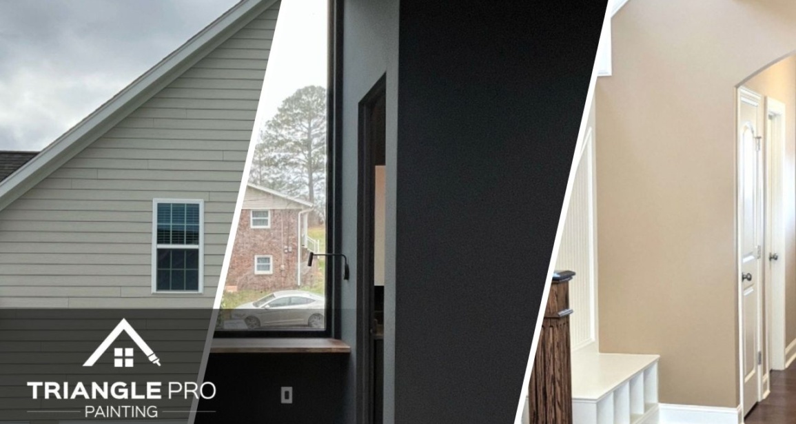 This is a split image of an exterior, interior, and commercial painting in Raleigh, NC.