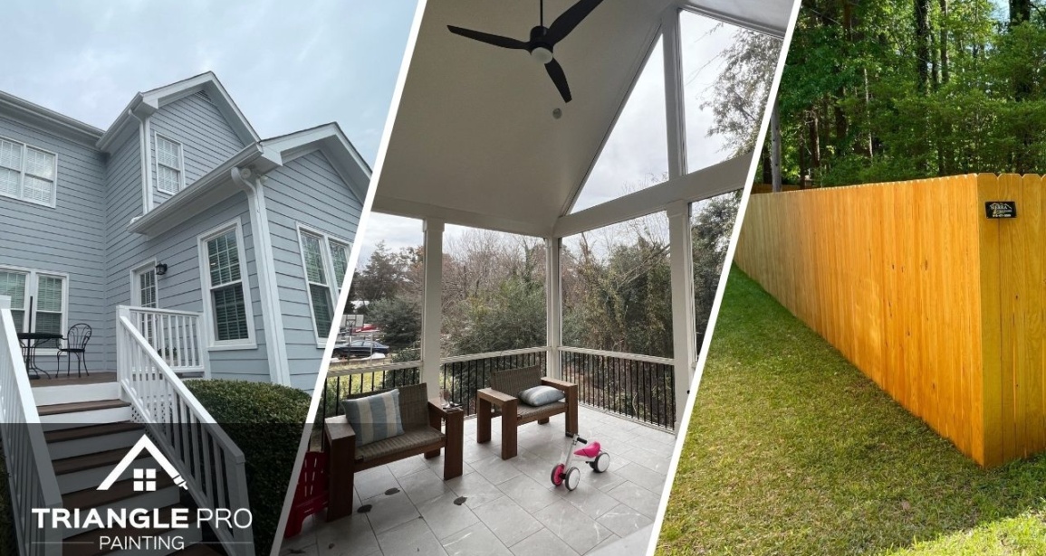 This is a three-split image showing residential exterior painting, porch ceiling painting, and fence staining by Triangle Pro Painting in Boylan Heights, Raleigh NC.