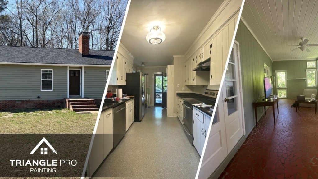 This is a three-split image combining exterior, kitchen cabinet, and sunroom painting by Triangle Pro Painting in Madonna Acres Raleigh, NC.
