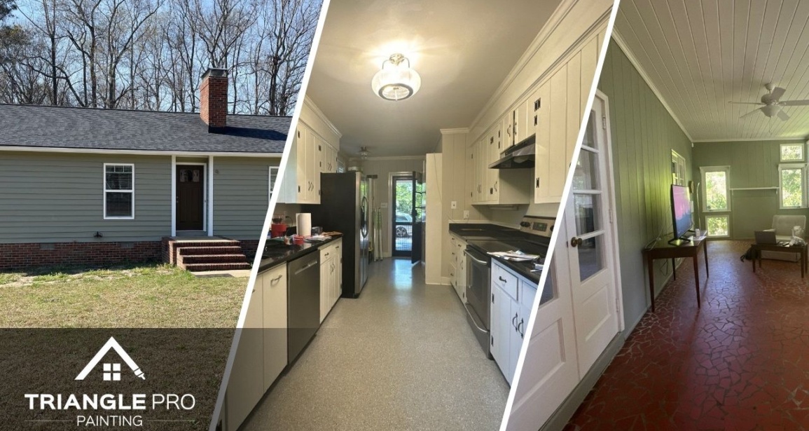 This is a three-split image combining exterior, kitchen cabinet, and sunroom painting by Triangle Pro Painting in Madonna Acres Raleigh, NC.