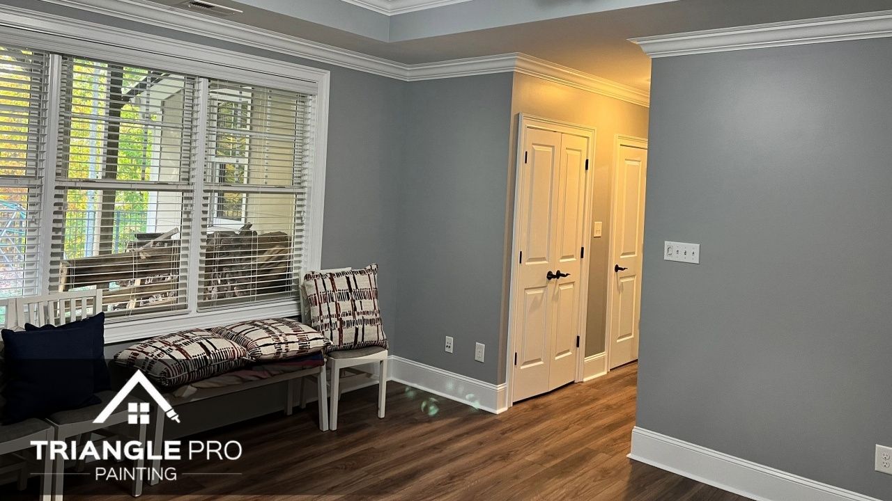 An interior of a house in Raleigh, NC, that is painted by gray paint.