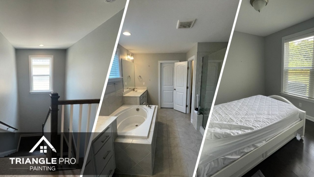 This is a three-split image showing a stairwell, bathroom, and bedroom painting project completed by Triangle Pro Painting in Madonna Acres, Raleigh, NC.